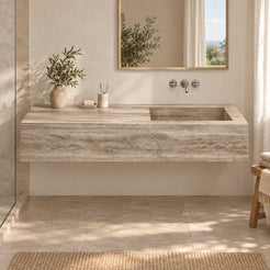 Talia Integrated Travertino Argento Trough Sink — complete frontal bathroom lifestyle
