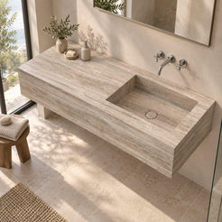 Talia Integrated Travertino Argento Trough Sink — complete high-angle bathroom lifestyle