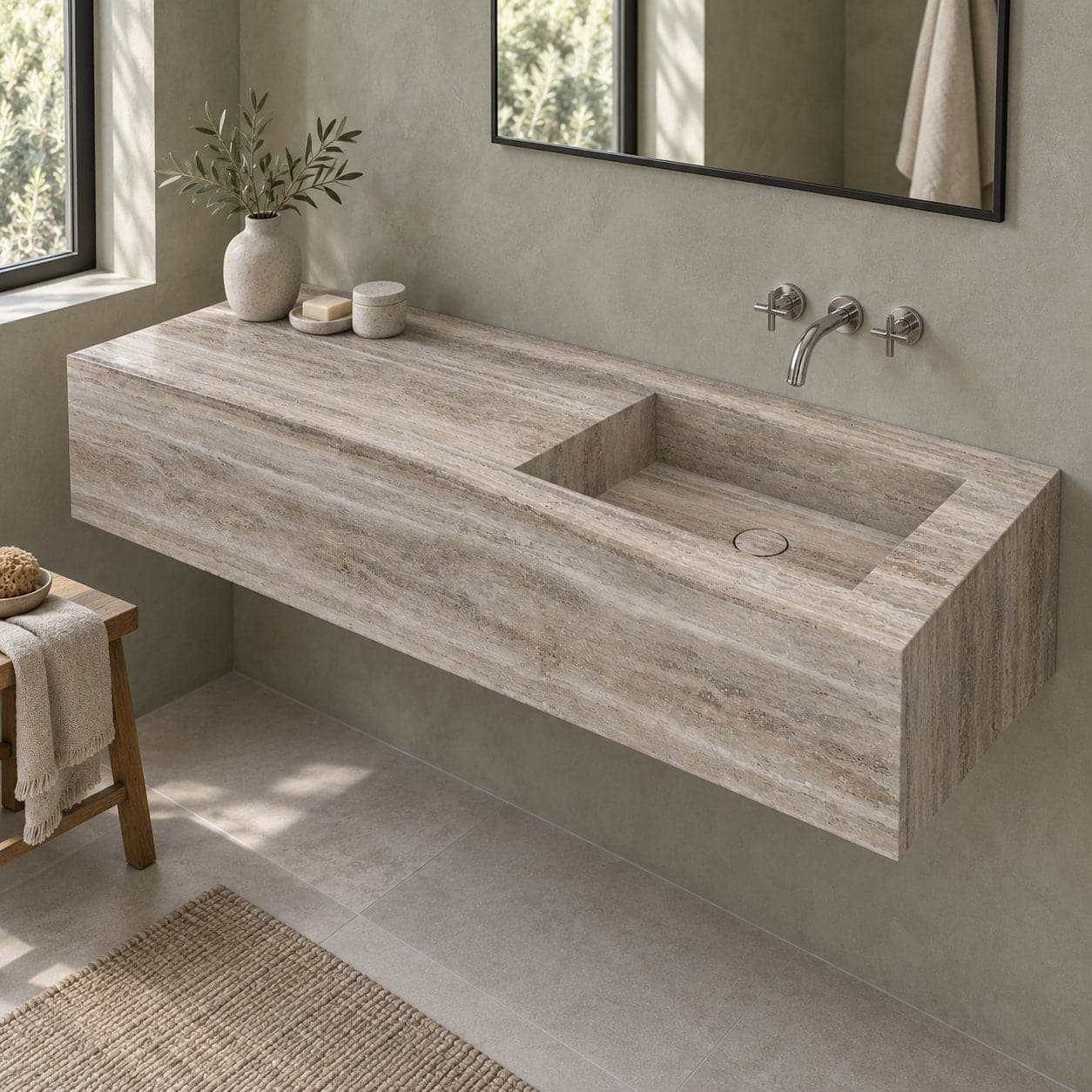 Talia Wall-Mounted Integrated Travertino Argento Trough Sink — complete oblique bathroom lifestyle