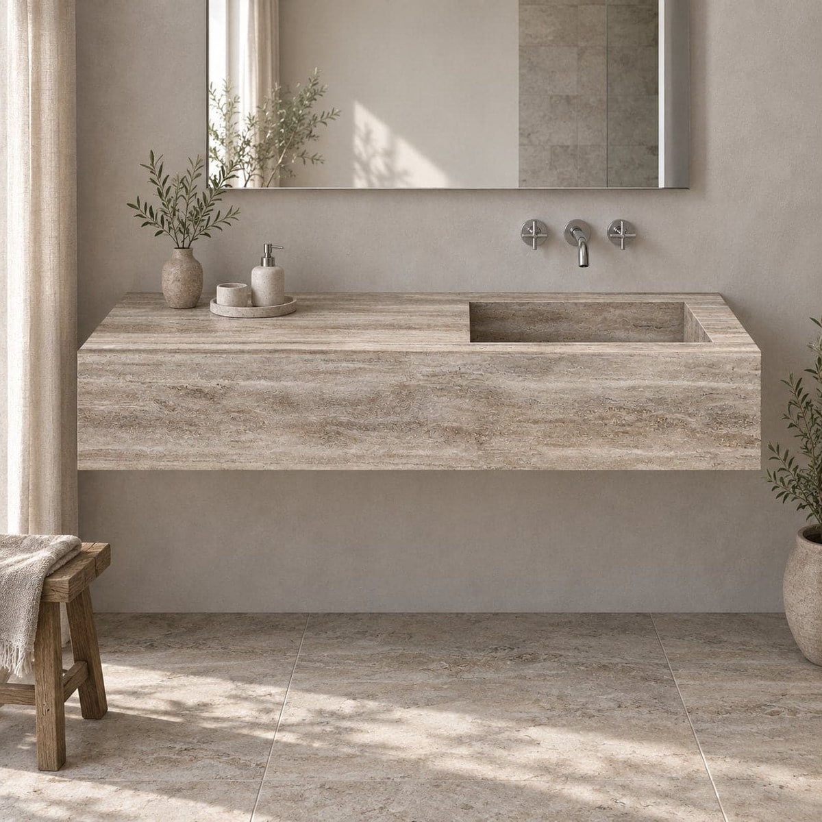 Talia Wall-Mounted Integrated Travertino Argento Trough Sink — complete low frontal bathroom lifestyle