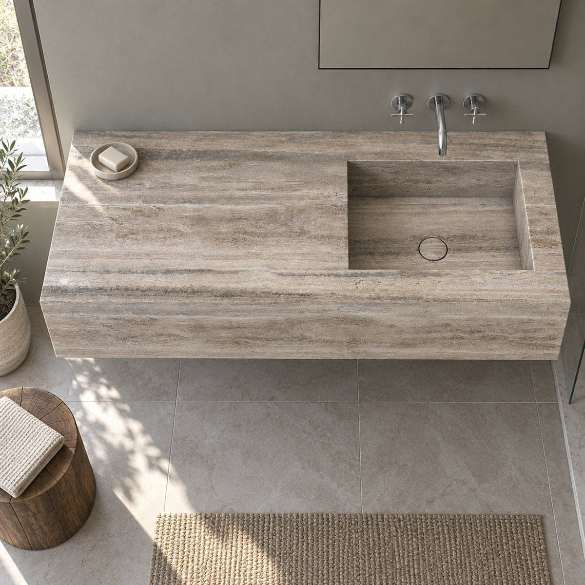 Talia Wall-Mounted Integrated Travertino Argento Trough Sink — complete high frontal bathroom lifestyle