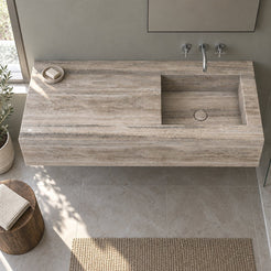 Talia Wall-Mounted Integrated Travertino Argento Trough Sink — complete high frontal bathroom lifestyle