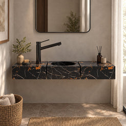 Eira Rectangular Wall-Mounted Galaxy Marble Sink — complete low frontal bathroom lifestyle