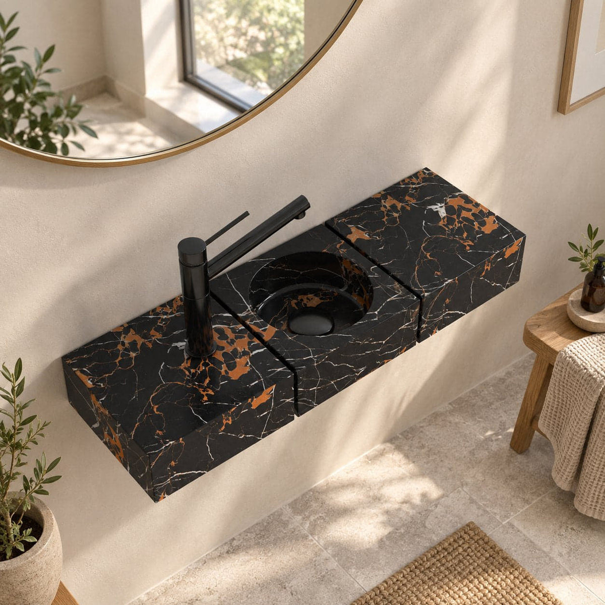Eira Rectangular Wall-Mounted Galaxy Marble Sink — complete opposite high-angle bathroom lifestyle