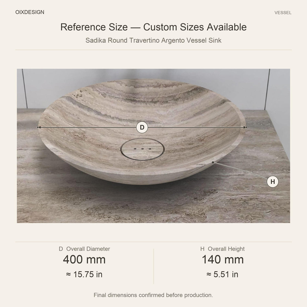 Sadika Round Travertino Argento Vessel Sink reference overall dimensions in millimeters and inches