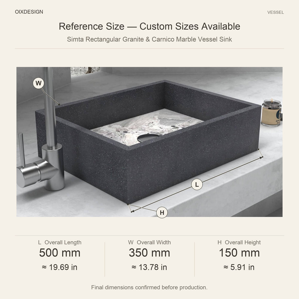 Simta Rectangular Granite & Carnico Marble Vessel Sink reference overall dimensions in millimeters and inches