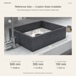 Simta Rectangular Granite & Carnico Marble Vessel Sink reference overall dimensions in millimeters and inches
