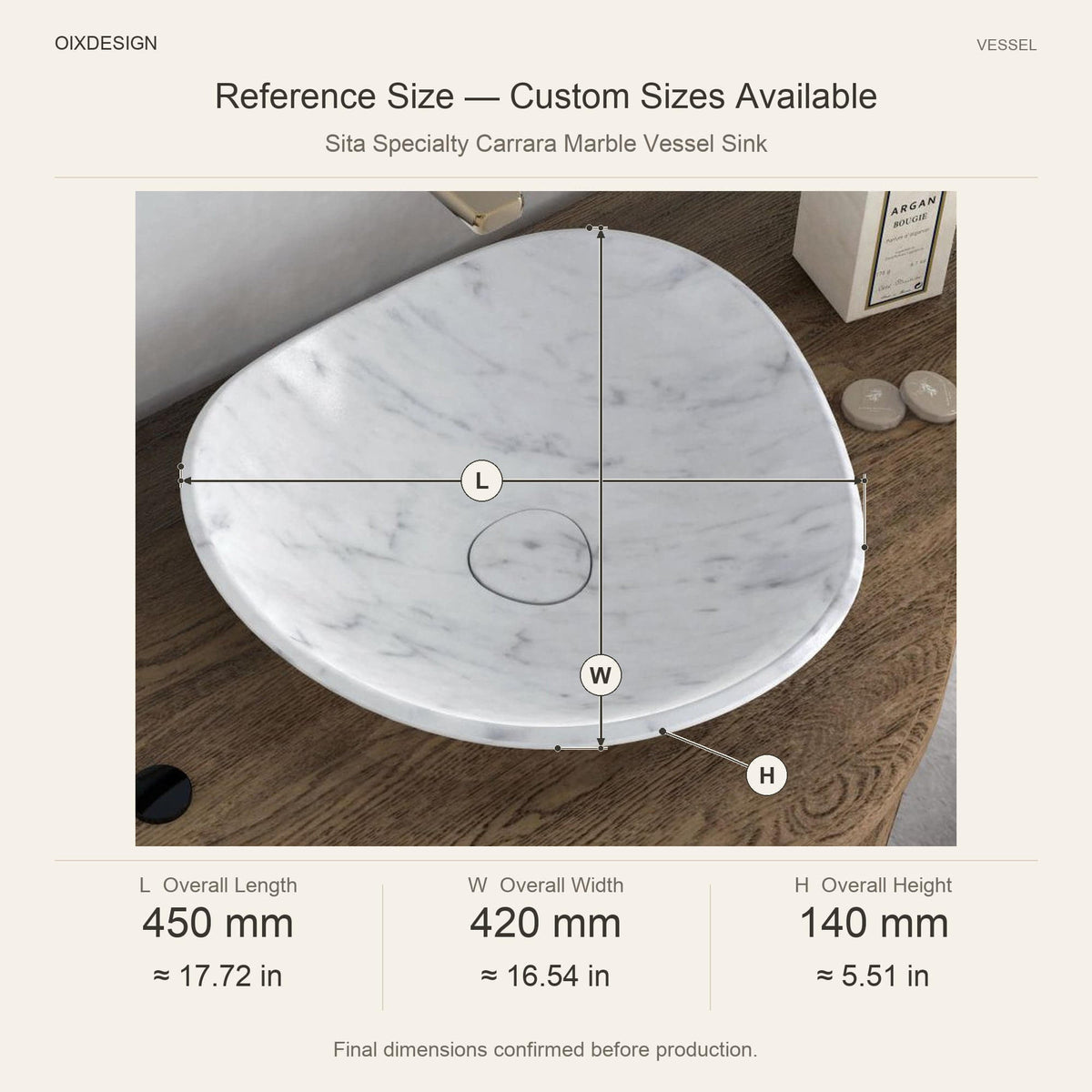 Sita Specialty Carrara Marble Vessel Sink reference overall dimensions in millimeters and inches