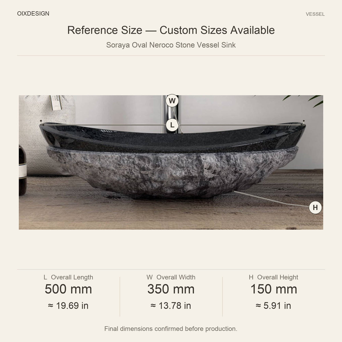 Soraya Oval Neroco Stone Vessel Sink reference overall dimensions in millimeters and inches