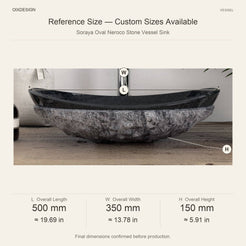 Soraya Oval Neroco Stone Vessel Sink reference overall dimensions in millimeters and inches