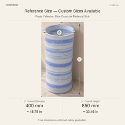 Pazia Valentino Blue Quartzite Pedestal Sink reference overall dimensions in millimeters and inches