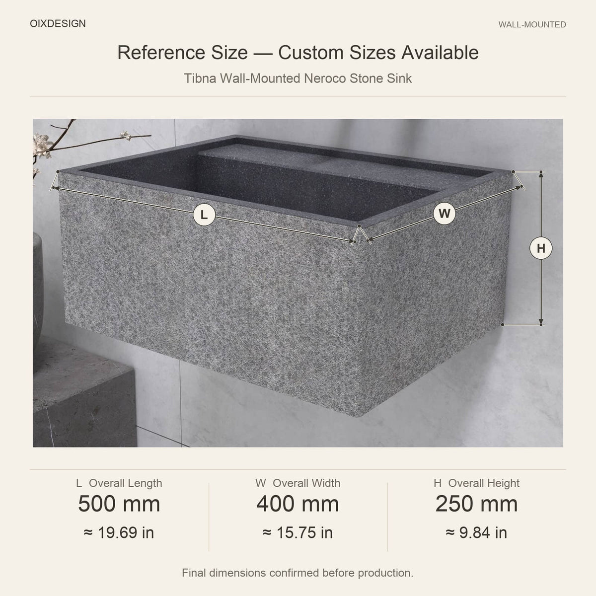 Tibna Wall-Mounted Neroco Stone Sink reference overall dimensions in millimeters and inches