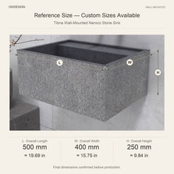 Tibna Wall-Mounted Neroco Stone Sink reference overall dimensions in millimeters and inches