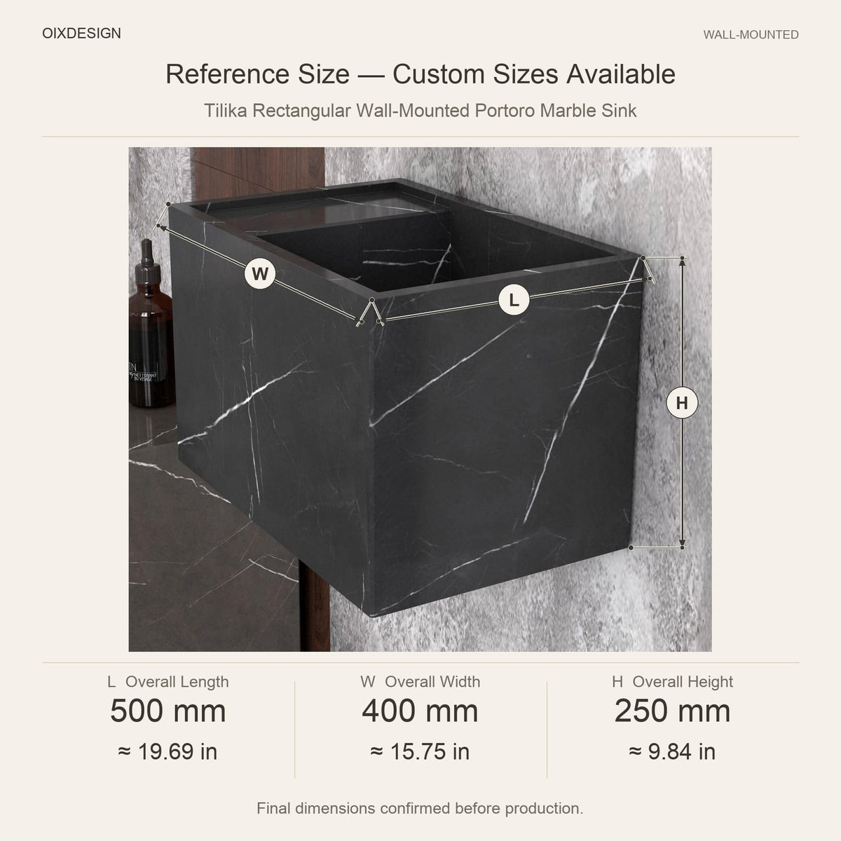 Tilika Rectangular Wall-Mounted Portoro Marble Sink reference overall dimensions in millimeters and inches