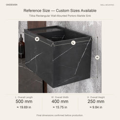 Tilika Rectangular Wall-Mounted Portoro Marble Sink reference overall dimensions in millimeters and inches