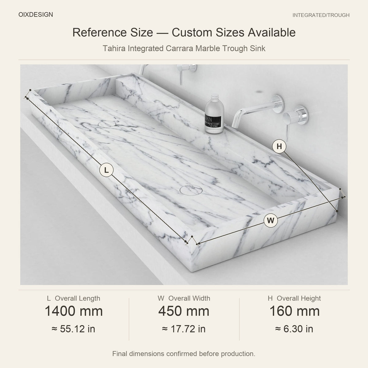 Tahira Integrated Carrara Marble Trough Sink reference overall dimensions in millimeters and inches