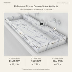 Tahira Integrated Carrara Marble Trough Sink reference overall dimensions in millimeters and inches