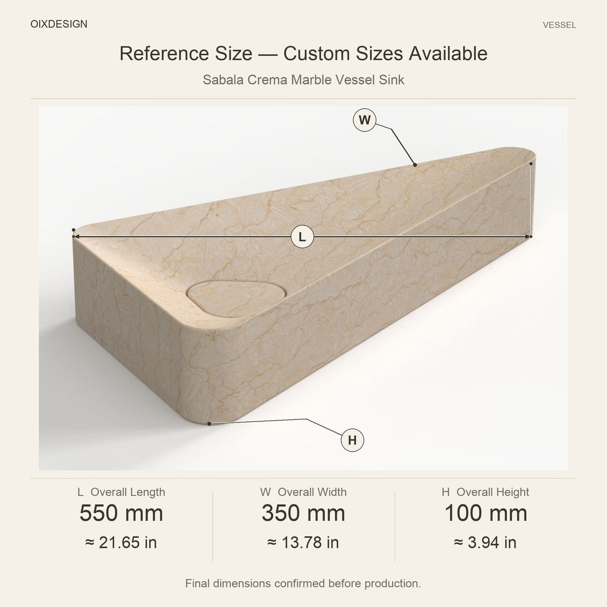 Sabala Crema Marble Vessel Sink reference overall dimensions in millimeters and inches
