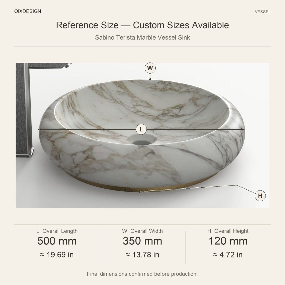 Sabino Terista Marble Vessel Sink reference overall dimensions in millimeters and inches