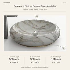 Sabino Terista Marble Vessel Sink reference overall dimensions in millimeters and inches