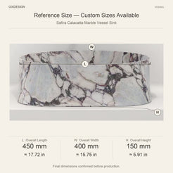 Safira Calacatta Marble Vessel Sink reference overall dimensions in millimeters and inches