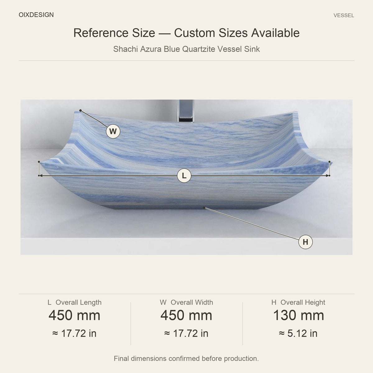 Shachi Azura Blue Quartzite Vessel Sink reference overall dimensions in millimeters and inches