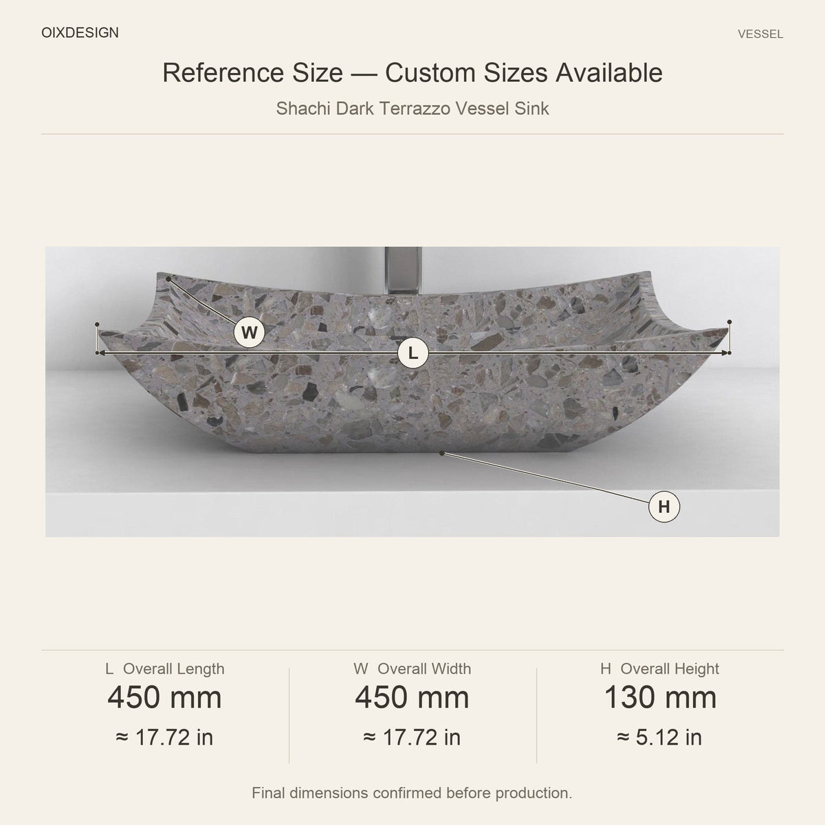 Shachi Dark Terrazzo Vessel Sink reference overall dimensions in millimeters and inches