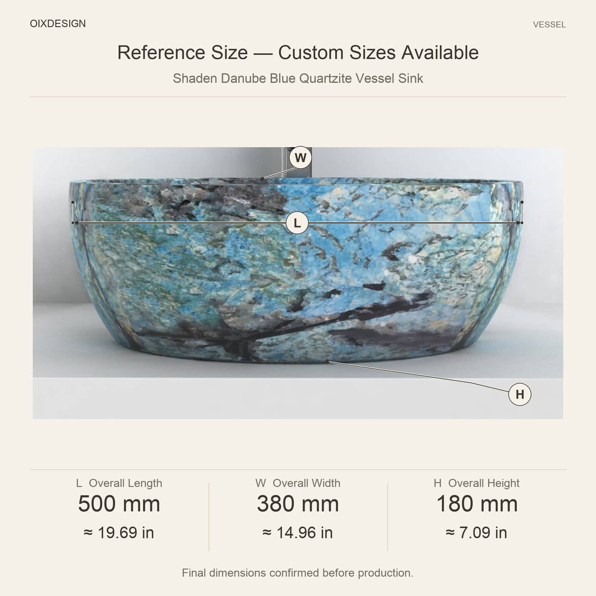 Shaden Danube Blue Quartzite Vessel Sink reference overall dimensions in millimeters and inches