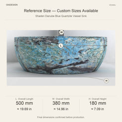 Shaden Danube Blue Quartzite Vessel Sink reference overall dimensions in millimeters and inches