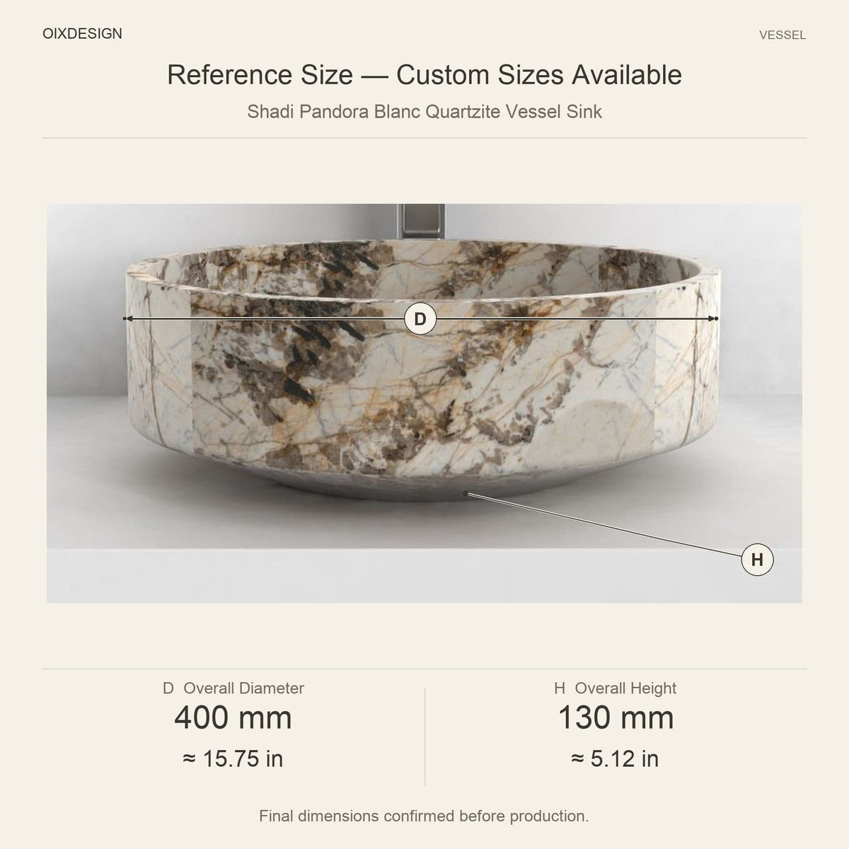 Shadi Pandora Blanc Quartzite Vessel Sink reference overall dimensions in millimeters and inches