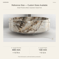 Shadi Pandora Blanc Quartzite Vessel Sink reference overall dimensions in millimeters and inches