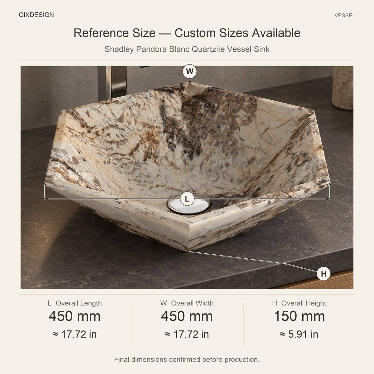 Shadley Pandora Blanc Quartzite Vessel Sink reference overall dimensions in millimeters and inches