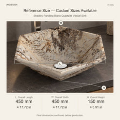 Shadley Pandora Blanc Quartzite Vessel Sink reference overall dimensions in millimeters and inches