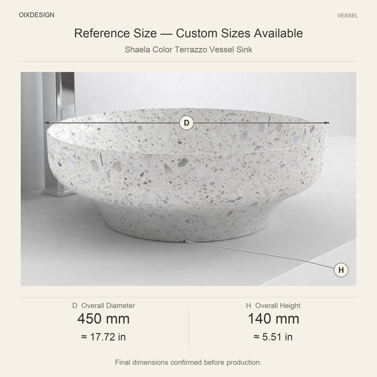 Shaela Color Terrazzo Vessel Sink reference overall dimensions in millimeters and inches