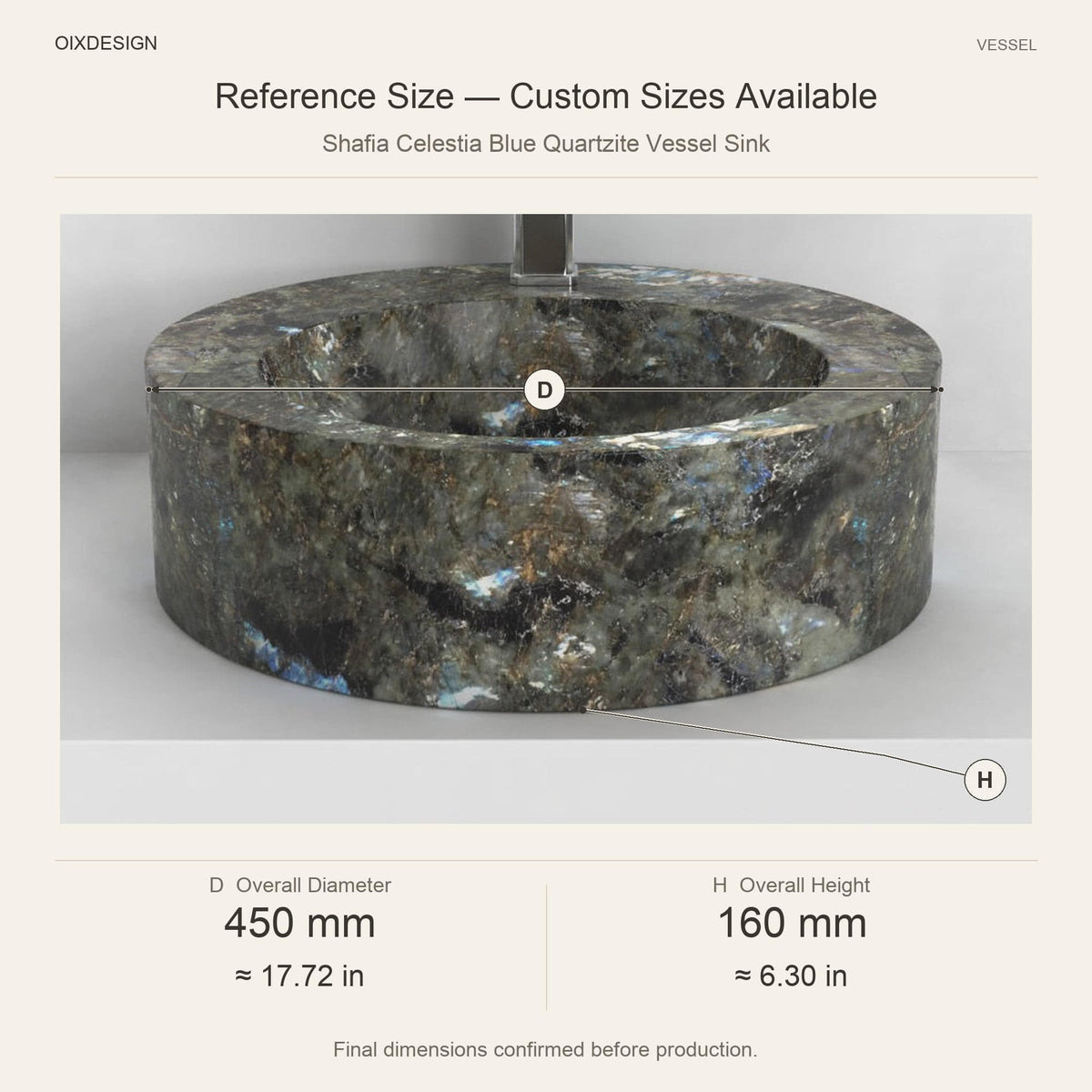 Shafia Celestia Blue Quartzite Vessel Sink reference overall dimensions in millimeters and inches