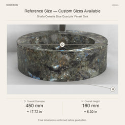 Shafia Celestia Blue Quartzite Vessel Sink reference overall dimensions in millimeters and inches