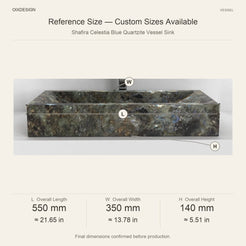 Shafira Celestia Blue Quartzite Vessel Sink reference overall dimensions in millimeters and inches