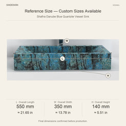 Shafira Danube Blue Quartzite Vessel Sink reference overall dimensions in millimeters and inches