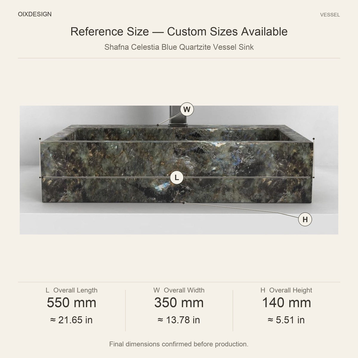 Shafna Celestia Blue Quartzite Vessel Sink reference overall dimensions in millimeters and inches