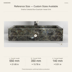 Shafna Celestia Blue Quartzite Vessel Sink reference overall dimensions in millimeters and inches