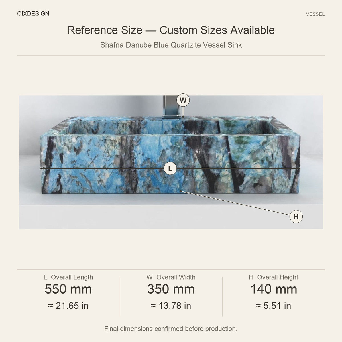 Shafna Danube Blue Quartzite Vessel Sink reference overall dimensions in millimeters and inches