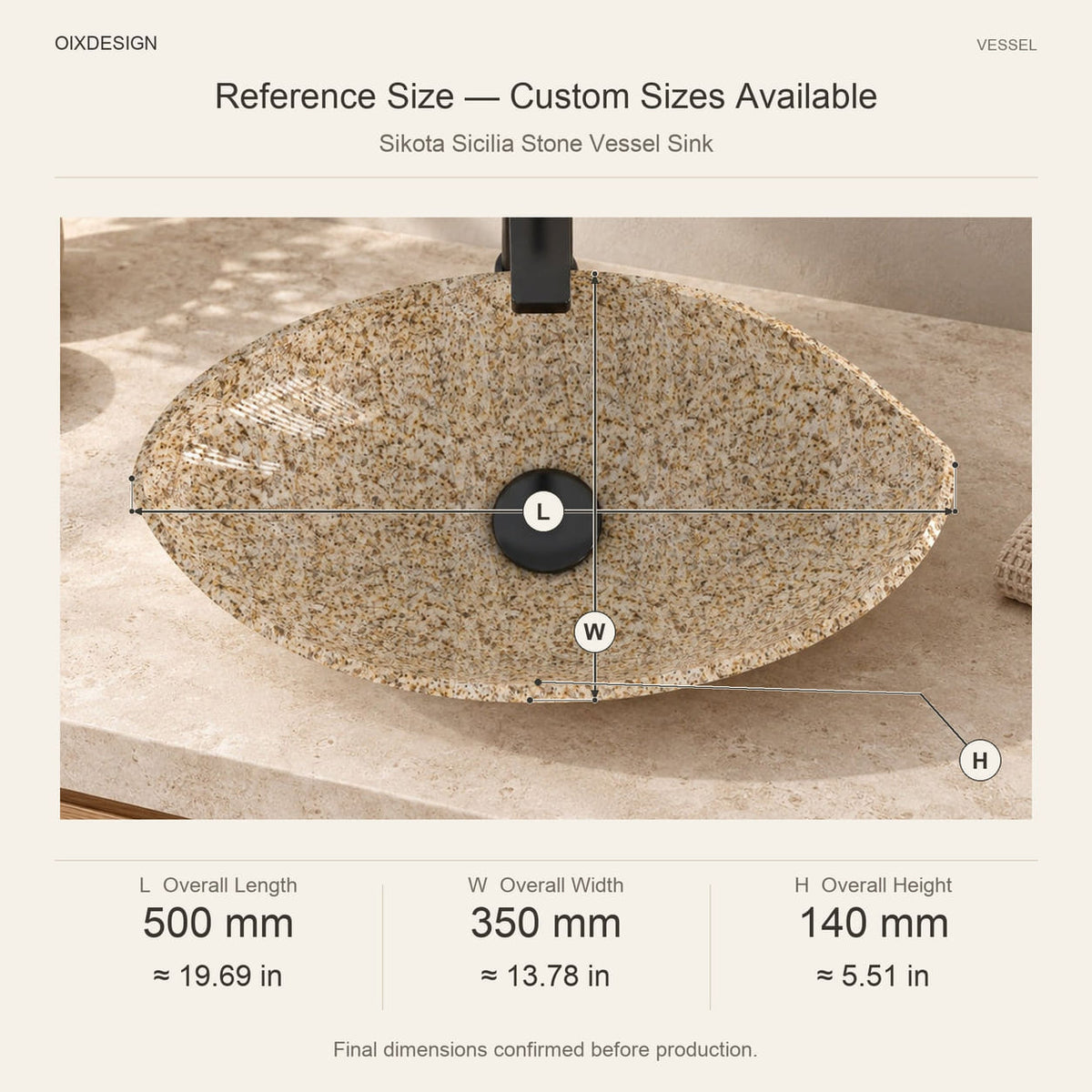 Sikota Sicilia Stone Vessel Sink reference overall dimensions in millimeters and inches