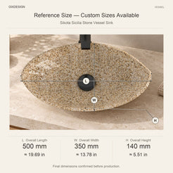 Sikota Sicilia Stone Vessel Sink reference overall dimensions in millimeters and inches