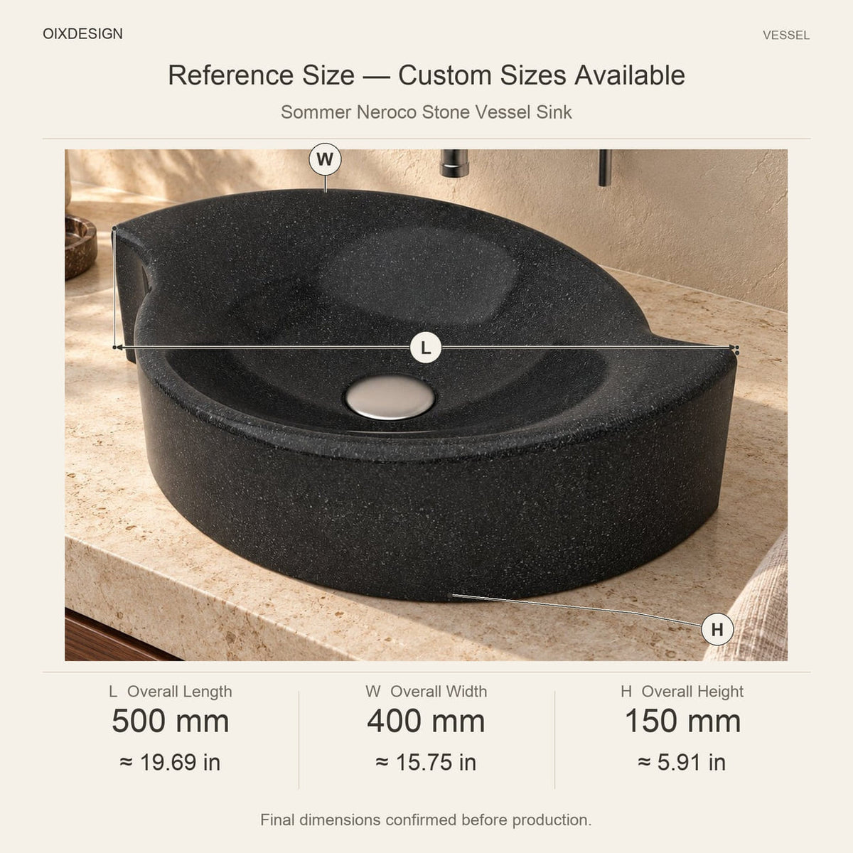 Sommer Neroco Stone Vessel Sink reference overall dimensions in millimeters and inches