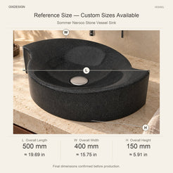 Sommer Neroco Stone Vessel Sink reference overall dimensions in millimeters and inches