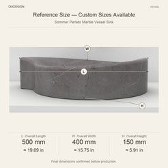 Sommer Perlato Marble Vessel Sink reference overall dimensions in millimeters and inches