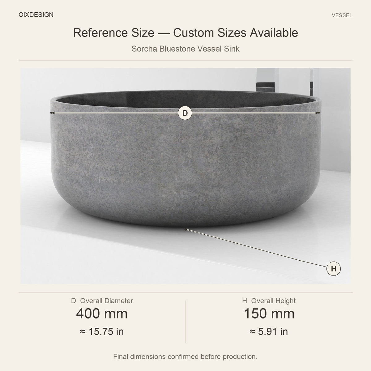 Sorcha Bluestone Vessel Sink reference overall dimensions in millimeters and inches