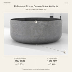 Sorcha Bluestone Vessel Sink reference overall dimensions in millimeters and inches
