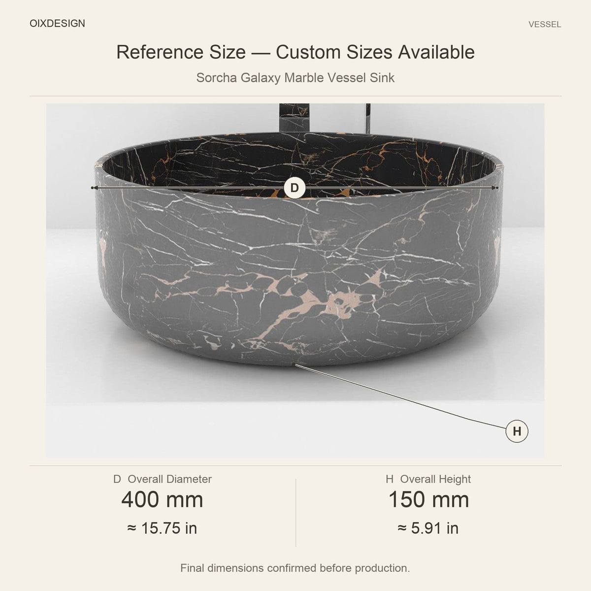 Sorcha Galaxy Marble Vessel Sink reference overall dimensions in millimeters and inches