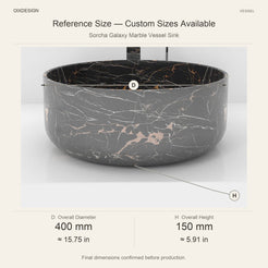 Sorcha Galaxy Marble Vessel Sink reference overall dimensions in millimeters and inches
